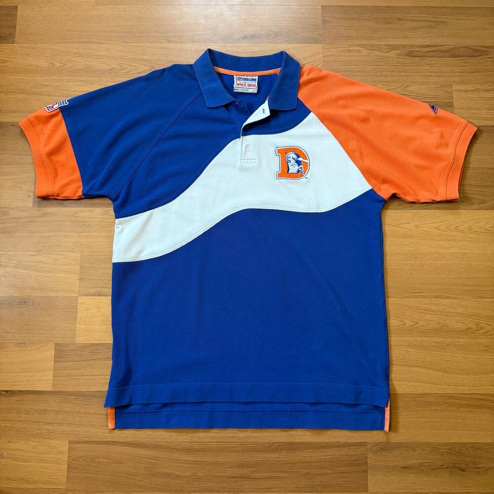Men's Vintage 90's Apex One NFL Denver Broncos Blue Wave Polo Shirt Sz Large VTG